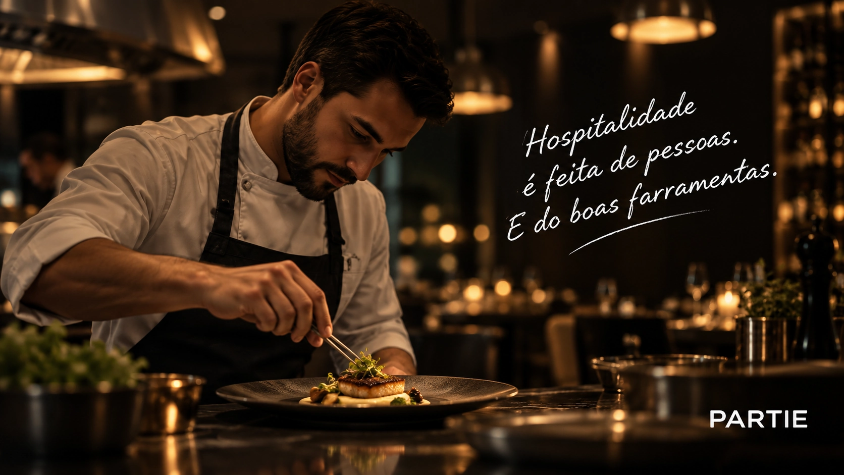 Chef finalizando um prato em restaurante sofisticado com mensagem sobre hospitalidade